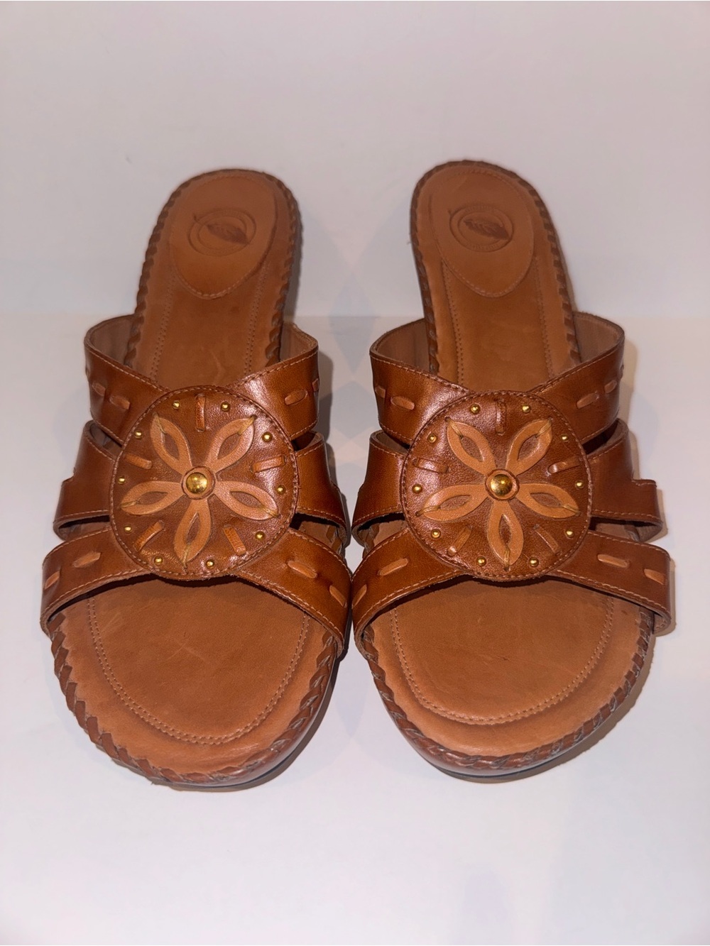 Women's Brown Leather Floral Open Toe Wedge Sandals by Nurture